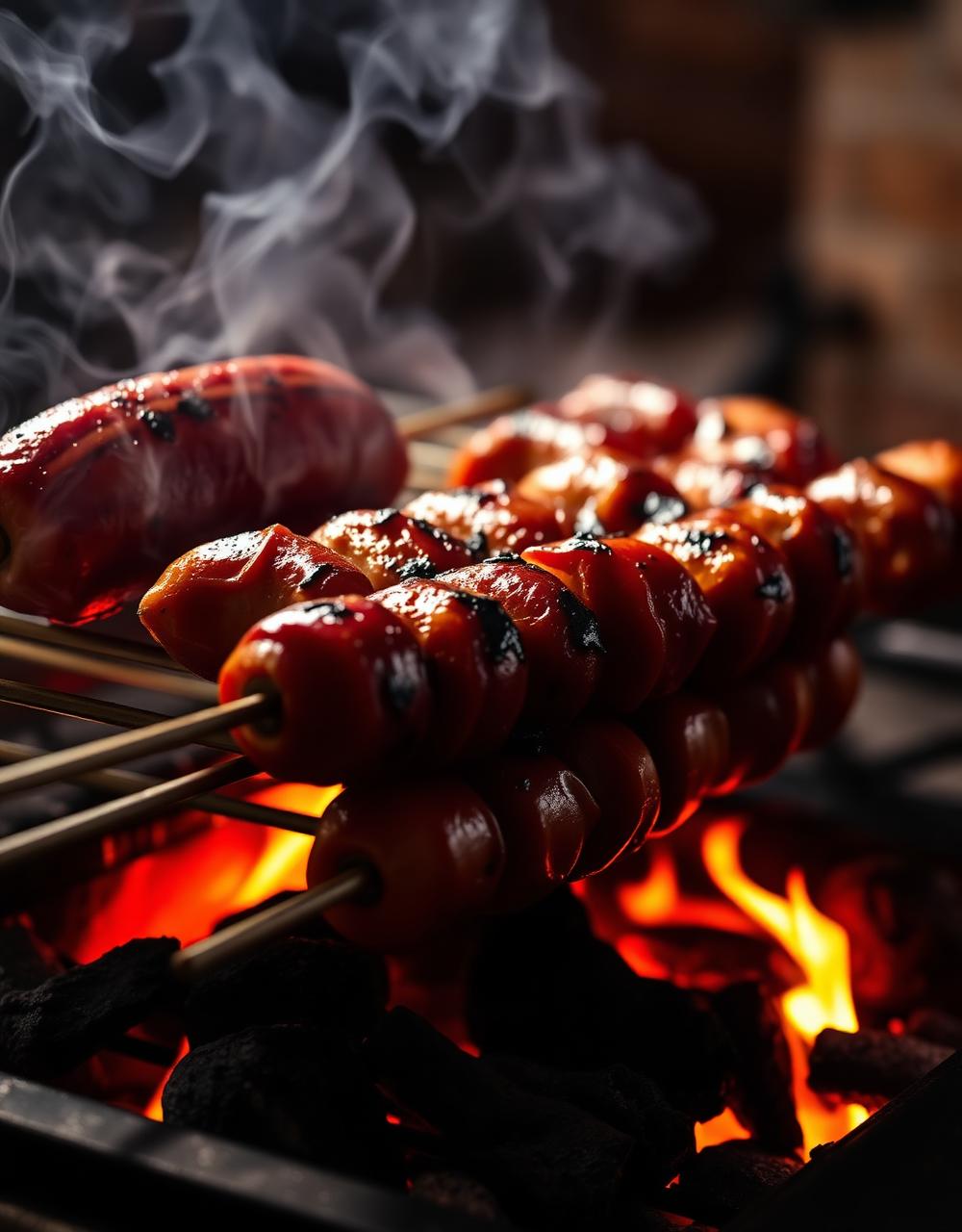 Sheftalia and souvlaki sizzling on the charcoal grill