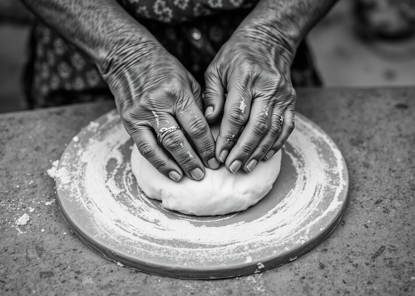 Grandmother kneading bread dough